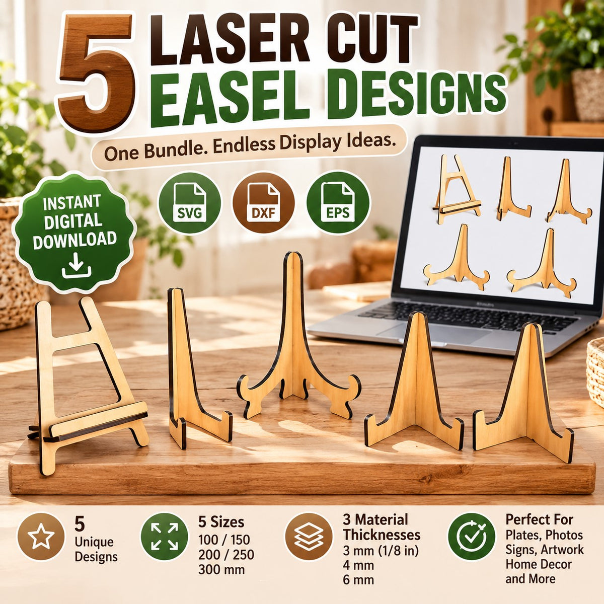 5 Wooden Easel Stand Laser Cut Designs β SVG, DXF & EPS Bundle