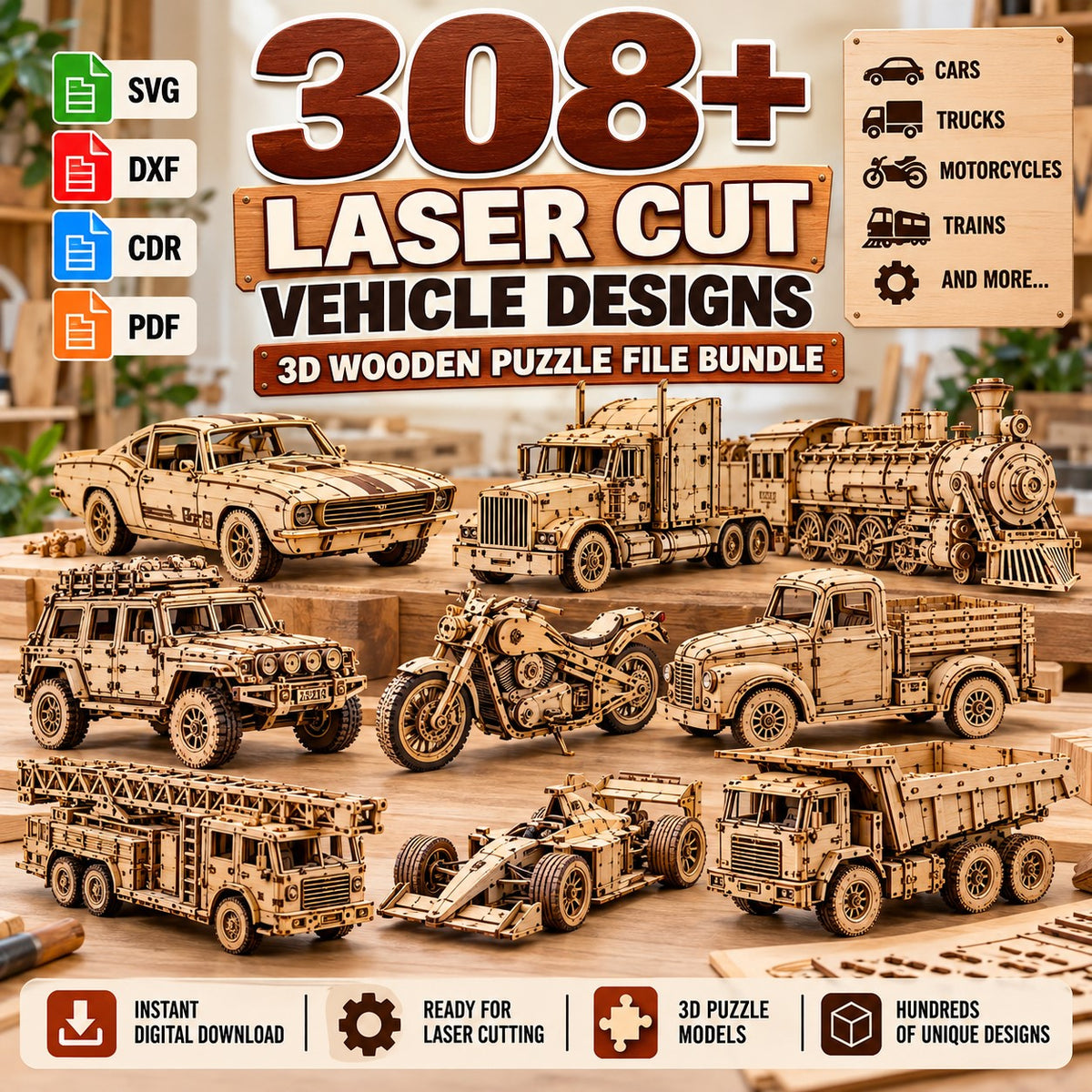 308+ Laser Cut Vehicle Designs Bundle – 3D Puzzle SVG & DXF Files