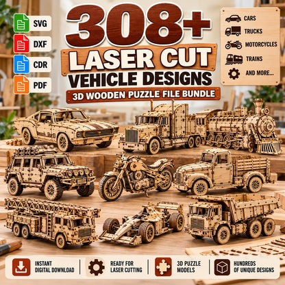 308+ Laser Cut Vehicle Designs Bundle – 3D Puzzle SVG & DXF Files
