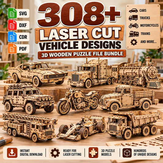 308+ Laser Cut Vehicle Designs Bundle – 3D Puzzle SVG & DXF Files