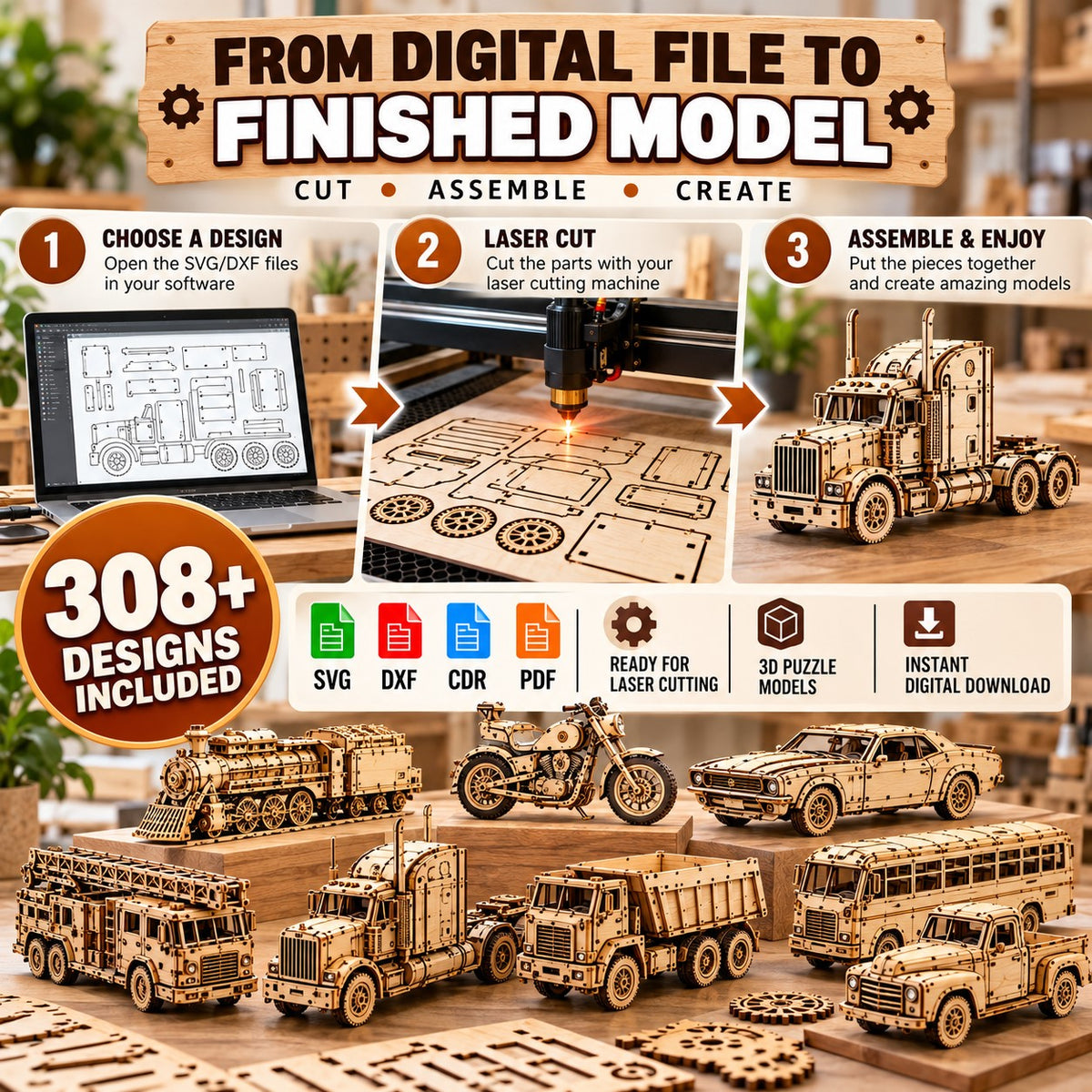 308+ Laser Cut Vehicle Designs Bundle – 3D Puzzle SVG & DXF Files