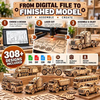 308+ Laser Cut Vehicle Designs Bundle – 3D Puzzle SVG & DXF Files
