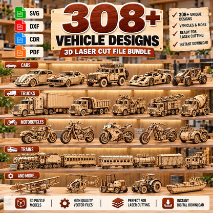 308+ Laser Cut Vehicle Designs Bundle – 3D Puzzle SVG & DXF Files