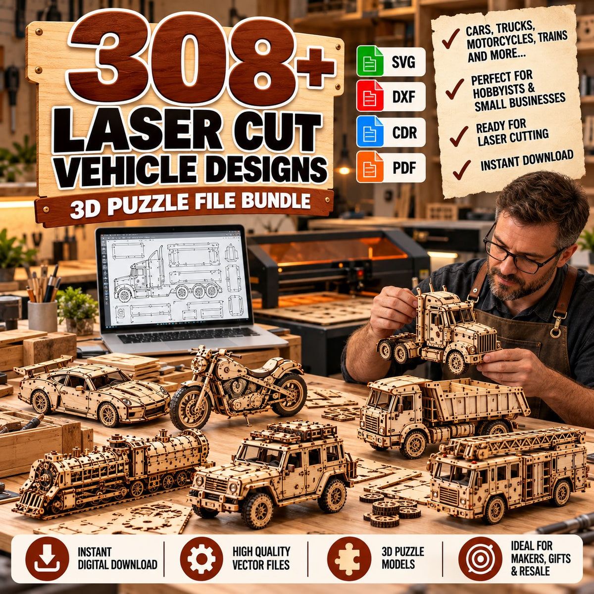 308+ Laser Cut Vehicle Designs Bundle – 3D Puzzle SVG & DXF Files