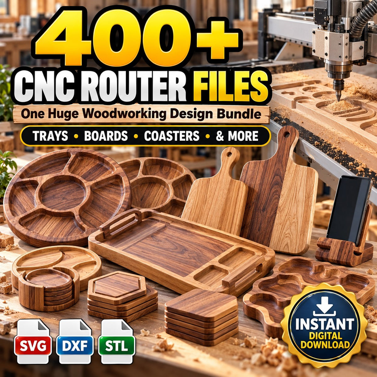 400+ CNC Router Files Bundle – SVG, DXF & STL