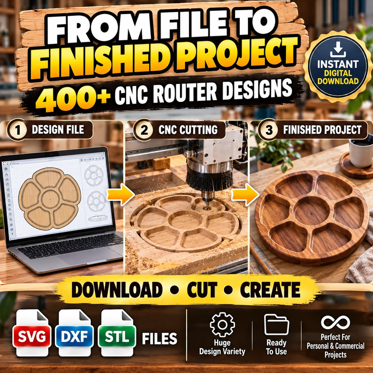 400+ CNC Router Files Bundle – SVG, DXF & STL