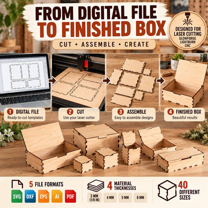 40 Laser Cut Box SVG Bundle – Hinged Lid Templates