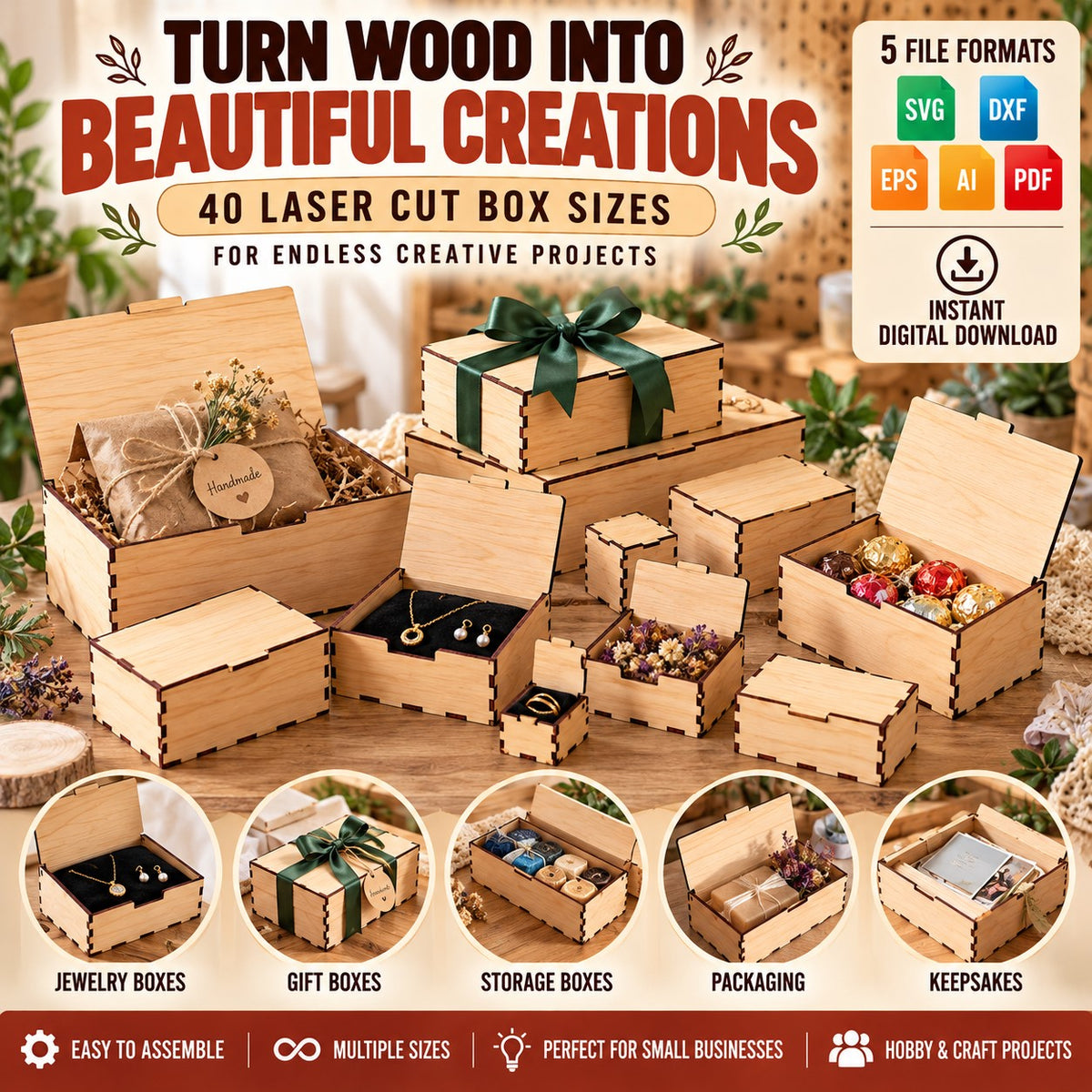 40 Laser Cut Box SVG Bundle – Hinged Lid Templates