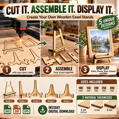 5 Wooden Easel Stand Laser Cut Designs – SVG, DXF & EPS Bundle
